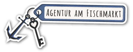 Logo von "Agentur am Fischmarkt - Ferienwohnungen in Hamburg": Ein Schlüssel mit einem Anker als Schlüsselanhänger und einem Adressanhänger, auf dem "Agentur am Fischmarkt" geschrieben steht.